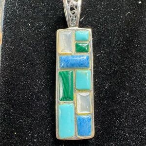 925 Sterling Silver Pendant Turquoise Malachite Mother of Pearl Inlay
